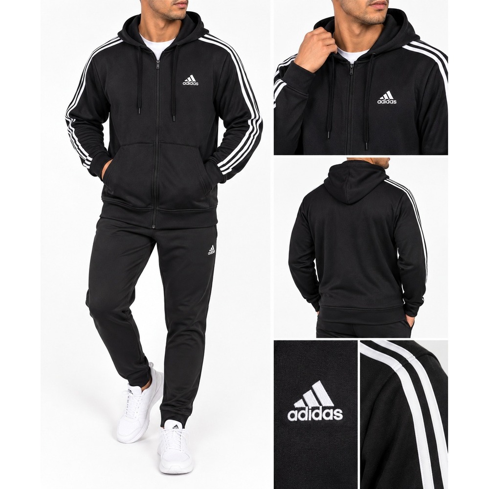Adidas Mens 3-Stripe Climawarm Full Zip Hoodie Polyester Sporty Black Large